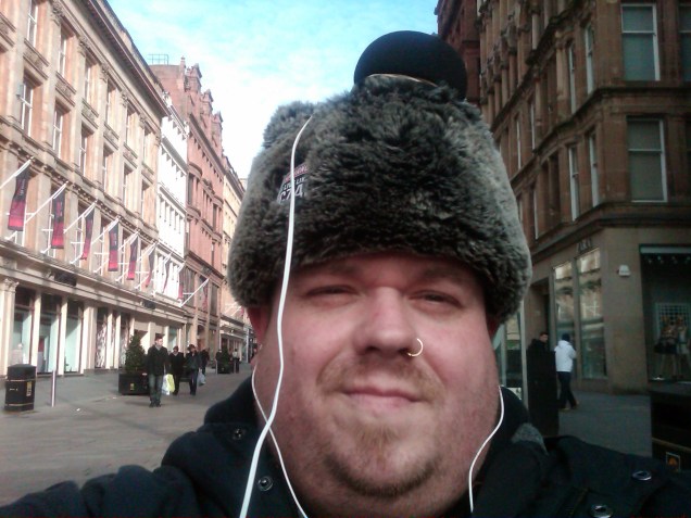 Jim's complex recording set-up for Street Sounds of Scotland - a microphone hat!